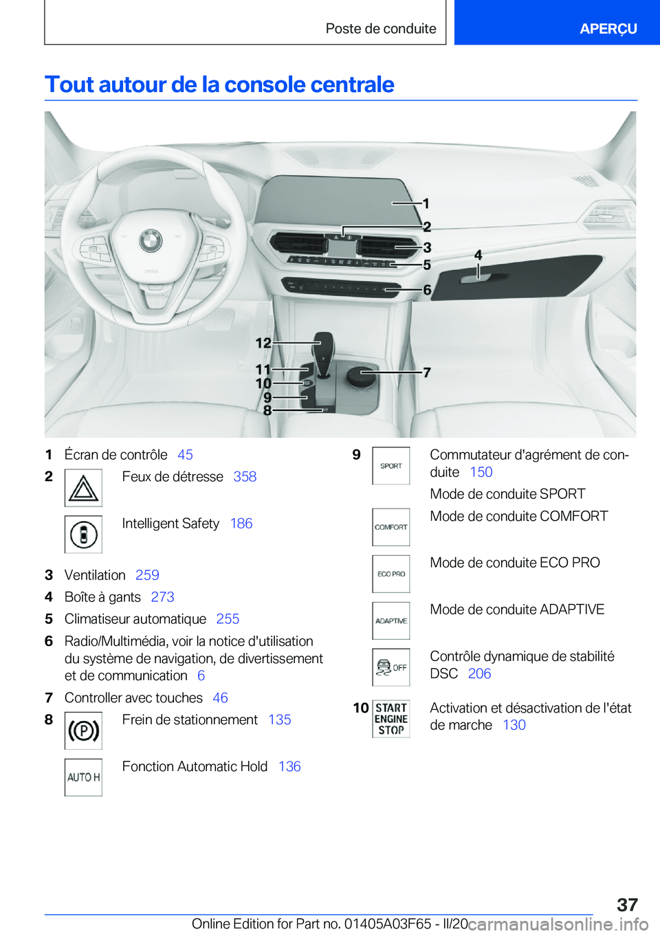 BMW 3 SERIES 2020  Notices Demploi (in French) �T�o�u�t��a�u�t�o�u�r��d�e��l�a��c�o�n�s�o�l�e��c�e�n�t�r�a�l�e�1�