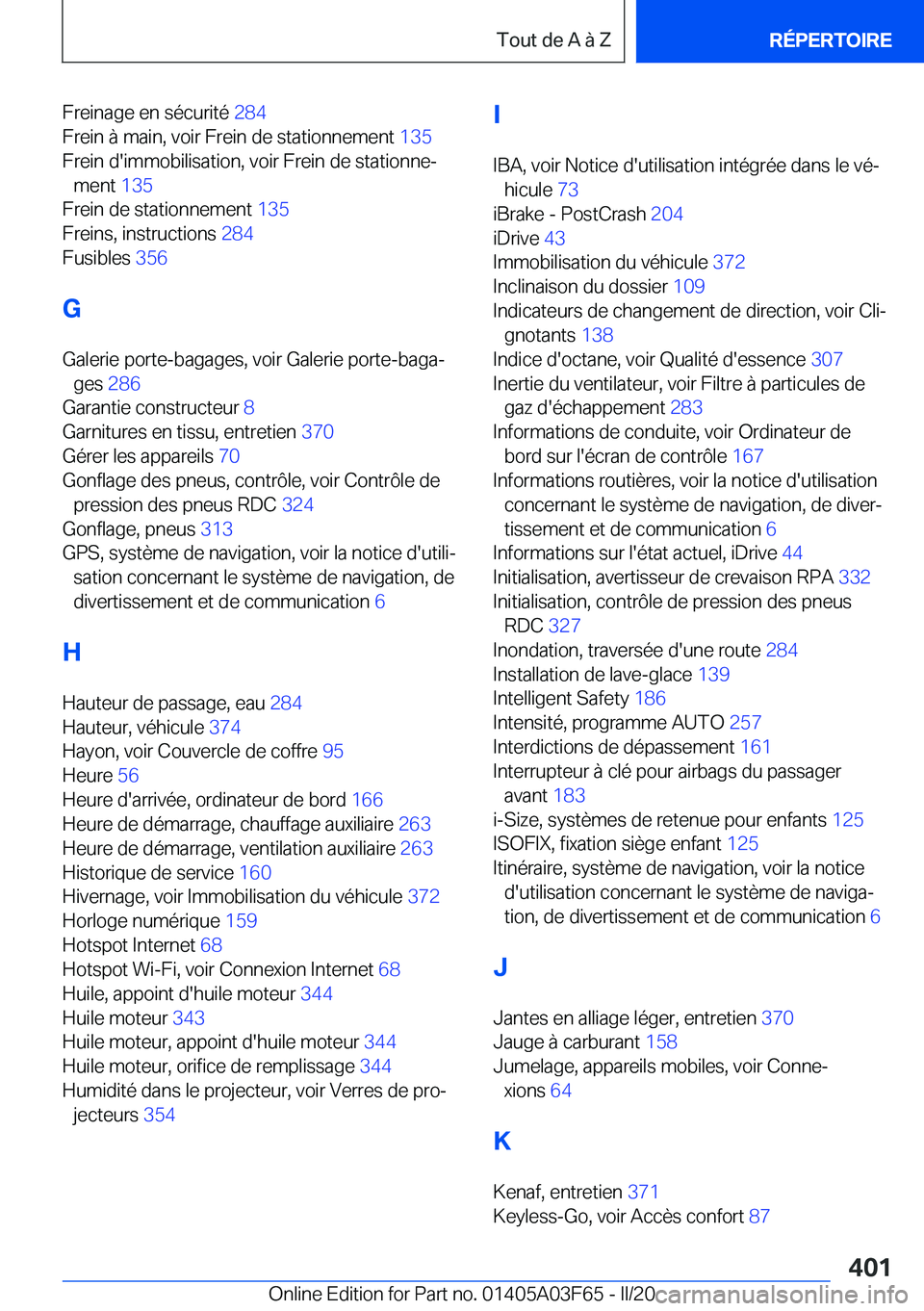 BMW 3 SERIES 2020  Notices Demploi (in French) �F�r�e�i�n�a�g�e��e�n��s�é�c�u�r�i�t�é��2�8�4�
�F�r�e�i�n��