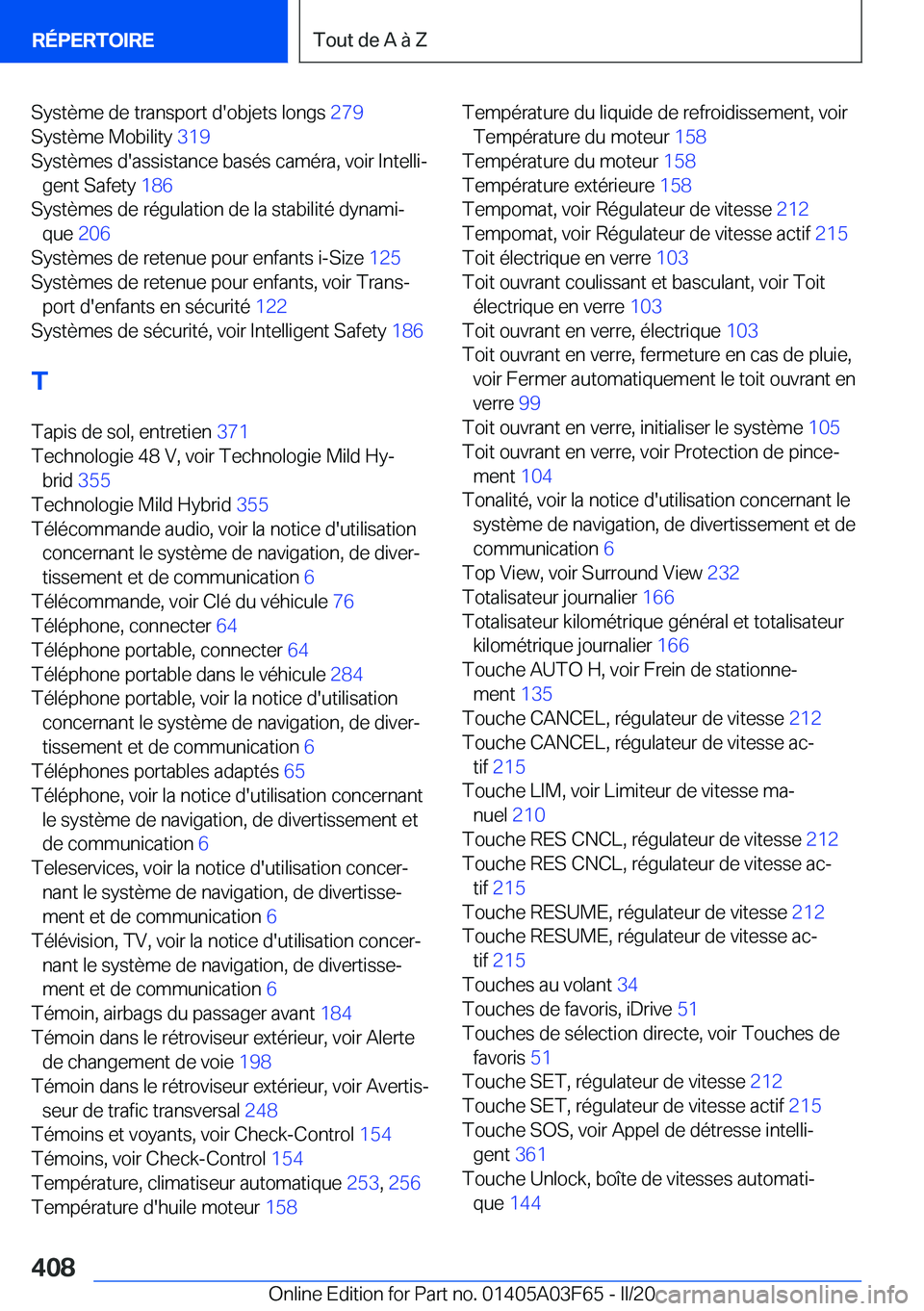 BMW 3 SERIES 2020  Notices Demploi (in French) �S�y�s�t�è�m�e��d�e��t�r�a�n�s�p�o�r�t��d�'�o�b�j�e�t�s��l�o�n�g�s��2�7�9�
�S�y�s�t�è�m�e��M�o�b�i�l�i�t�y� �3�1�9�
�S�y�s�t�è�m�e�s��d�'�a�s�s�i�s�t�a�n�c�e��b�a�s�é�s��c�a�m�