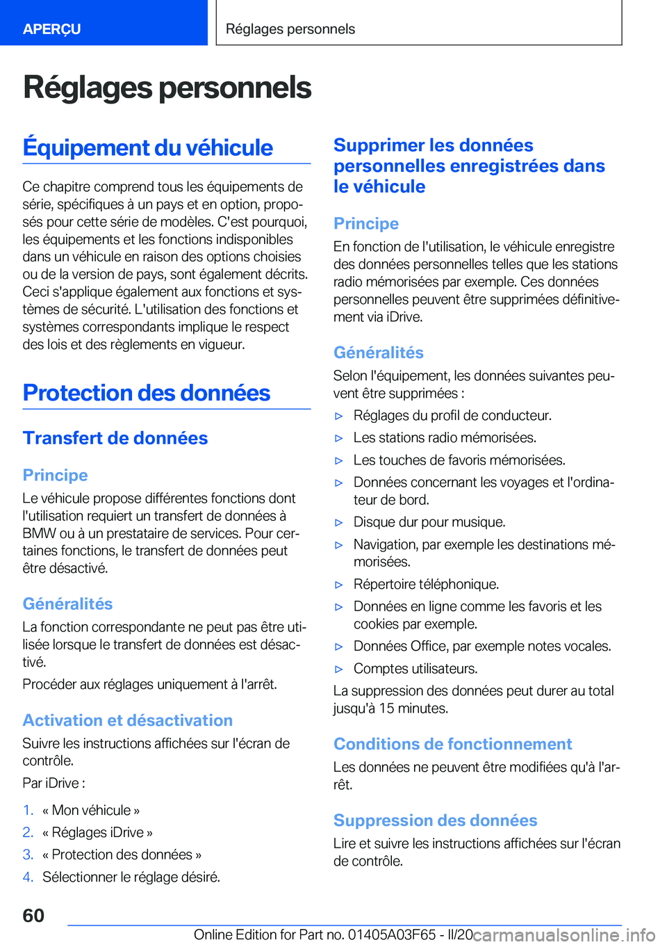 BMW 3 SERIES 2020  Notices Demploi (in French) �R�é�g�l�a�g�e�s��p�e�r�s�o�n�n�e�l�s�