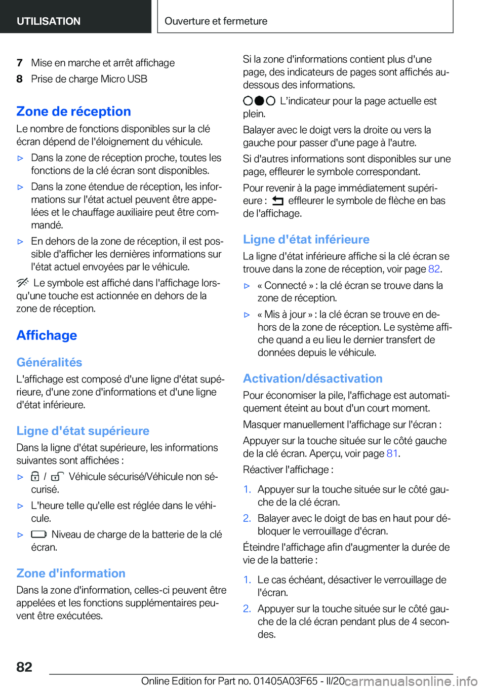 BMW 3 SERIES 2020  Notices Demploi (in French) �7�M�i�s�e��e�n��m�a�r�c�h�e��e�t��a�r�r�ê�t��a�f�f�i�c�h�a�g�e�8�P�r�i�s�e��d�e��c�h�a�r�g�e��M�i�c�r�o��U�S�B
�Z�o�n�e��d�e��r�é�c�e�p�t�i�o�n
�L�e��n�o�m�b�r�e��d�e��f�o�n�c�t�i�o�n