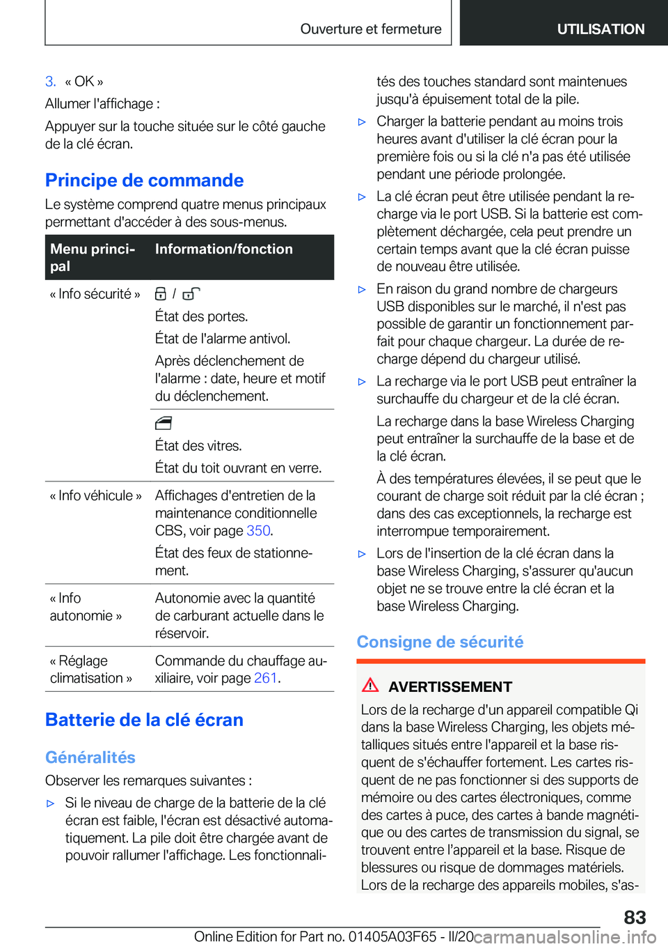 BMW 3 SERIES 2020  Notices Demploi (in French) �3�.�k��O�K��{
�A�l�l�u�m�e�r��l�'�a�f�f�i�c�h�a�g�e��:
�A�p�p�u�y�e�r��s�u�r��l�a��t�o�u�c�h�e��s�i�t�u�é�e��s�u�r��l�e��c�