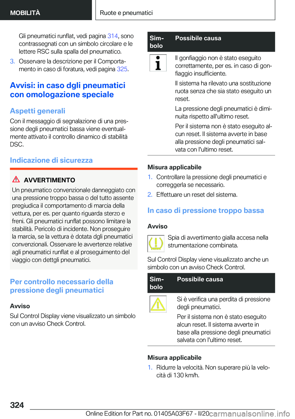 BMW 3 SERIES 2020  Libretti Di Uso E manutenzione (in Italian) �G�l�i��p�n�e�u�m�a�t�i�c�i��r�u�n�f�l�a�t�,��v�e�d�i��p�a�g�i�n�a��3�1�4�,��s�o�n�o
�c�o�n�t�r�a�s�s�e�g�n�a�t�i��c�o�n��u�n��s�i�m�b�o�l�o��c�i�r�c�o�l�a�r�e��e��l�e �l�e�t�t�e�r�e��R�S