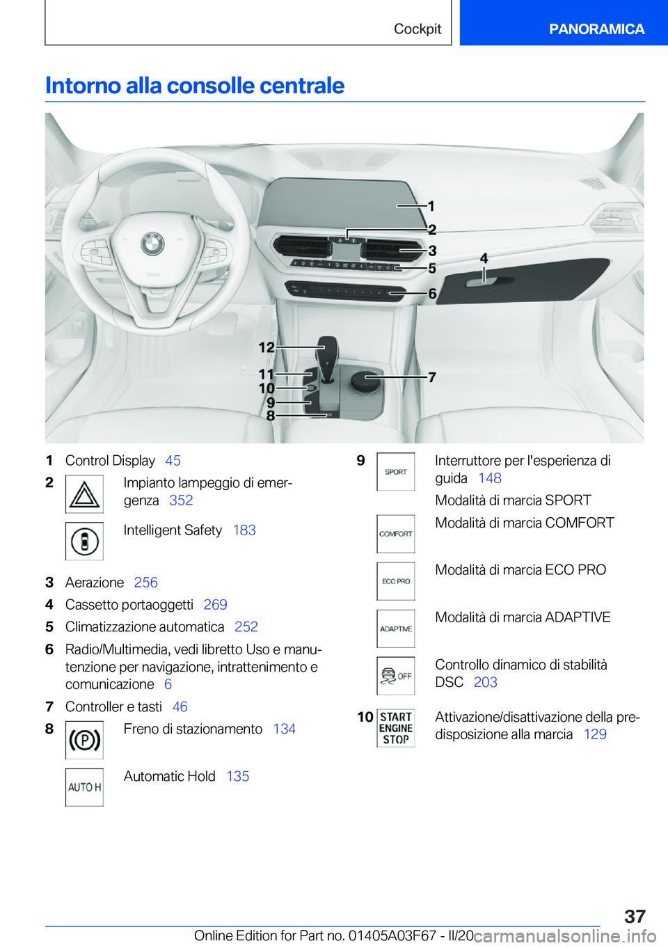BMW 3 SERIES 2020  Libretti Di Uso E manutenzione (in Italian) �I�n�t�o�r�n�o��a�l�l�a��c�o�n�s�o�l�l�e��c�e�n�t�r�a�l�e�1�C�o�n�t�r�o�l��D�i�s�p�l�a�y\_�4�5�2�I�m�p�i�a�n�t�o��l�a�m�p�e�g�g�i�o��d�i��e�m�e�rª
�g�e�n�z�a\_ �3�5�2�I�n�t�e�l�l�i�g�e�n�