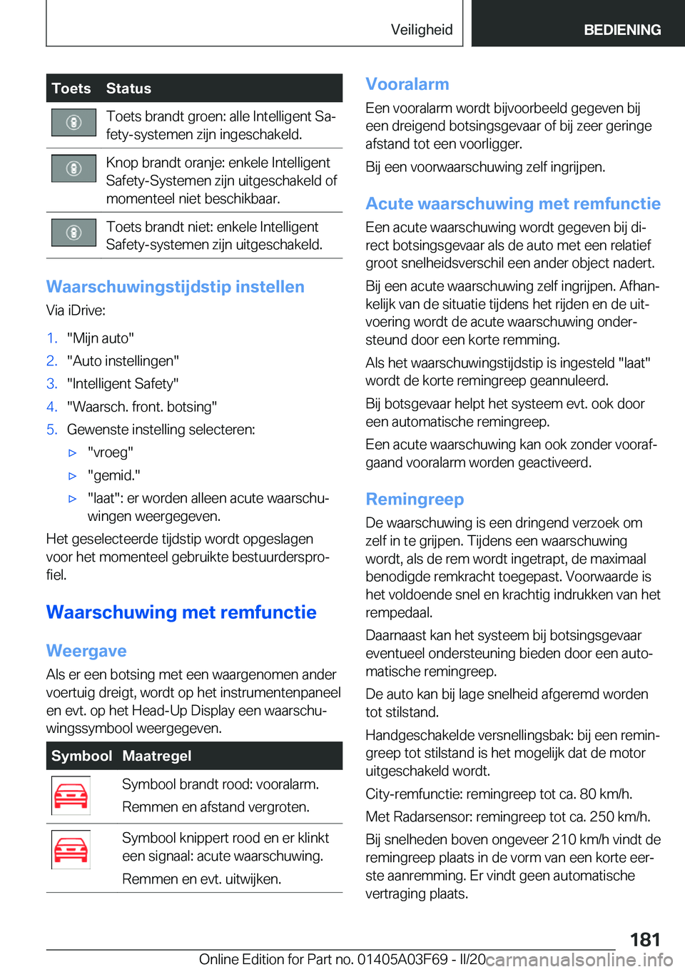 BMW 3 SERIES 2020  Instructieboekjes (in Dutch) �T�o�e�t�s�S�t�a�t�u�s�T�o�e�t�s��b�r�a�n�d�t��g�r�o�e�n�:��a�l�l�e��I�n�t�e�l�l�i�g�e�n�t��S�aj
�f�e�t�y�-�s�y�s�t�e�m�e�n��z�i�j�n��i�n�g�e�s�c�h�a�k�e�l�d�.�K�n�o�p��b�r�a�n�d�t��o�r�a�n�