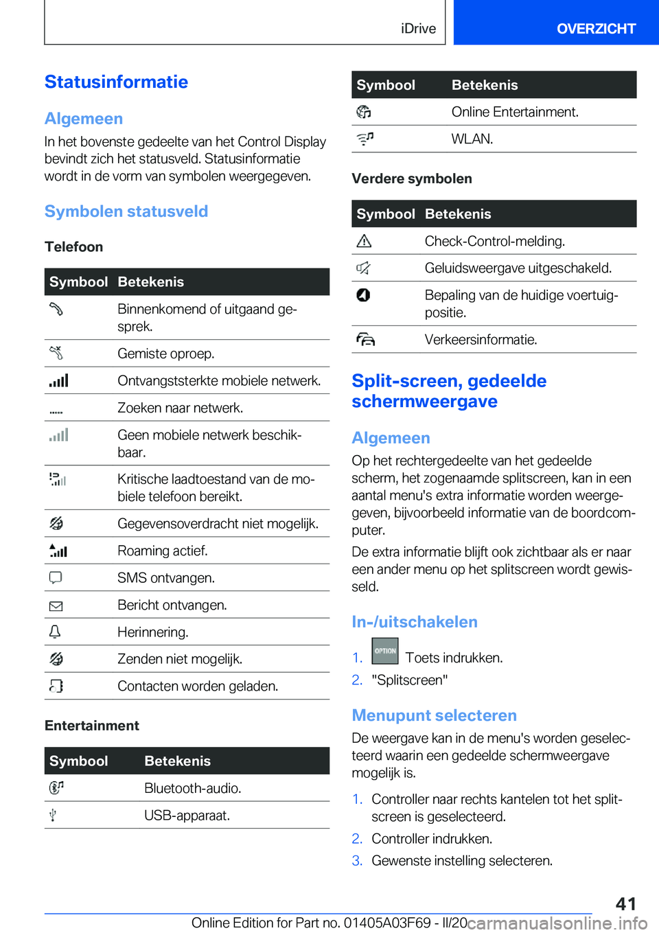 BMW 3 SERIES 2020  Instructieboekjes (in Dutch) �S�t�a�t�u�s�i�n�f�o�r�m�a�t�i�e
�A�l�g�e�m�e�e�n �I�n��h�e�t��b�o�v�e�n�s�t�e��g�e�d�e�e�l�t�e��v�a�n��h�e�t��C�o�n�t�r�o�l��D�i�s�p�l�a�y�b�e�v�i�n�d�t��z�i�c�h��h�e�t��s�t�a�t�u�s�v�e�l�d