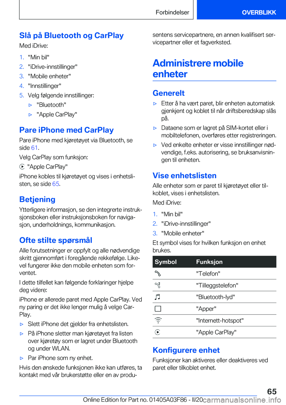 BMW 3 SERIES 2020  InstruksjonsbØker (in Norwegian) �S�l�å��p�å��B�l�u�e�t�o�o�t�h��o�g��C�a�r�P�l�a�y
�M�e�d��i�D�r�i�v�e�:�1�.��M�i�n��b�i�l��2�.��i�D�r�i�v�e�-�i�n�n�s�t�i�l�l�i�n�g�e�r��3�.��M�o�b�i�l�e��e�n�h�e�t�e�r��4�.��I�n�n�s�