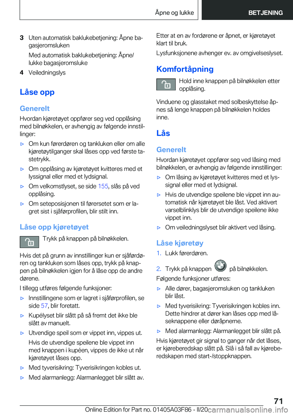 BMW 3 SERIES 2020  InstruksjonsbØker (in Norwegian) �3�U�t�e�n��a�u�t�o�m�a�t�i�s�k��b�a�k�l�u�k�e�b�e�t�j�e�n�i�n�g�:��