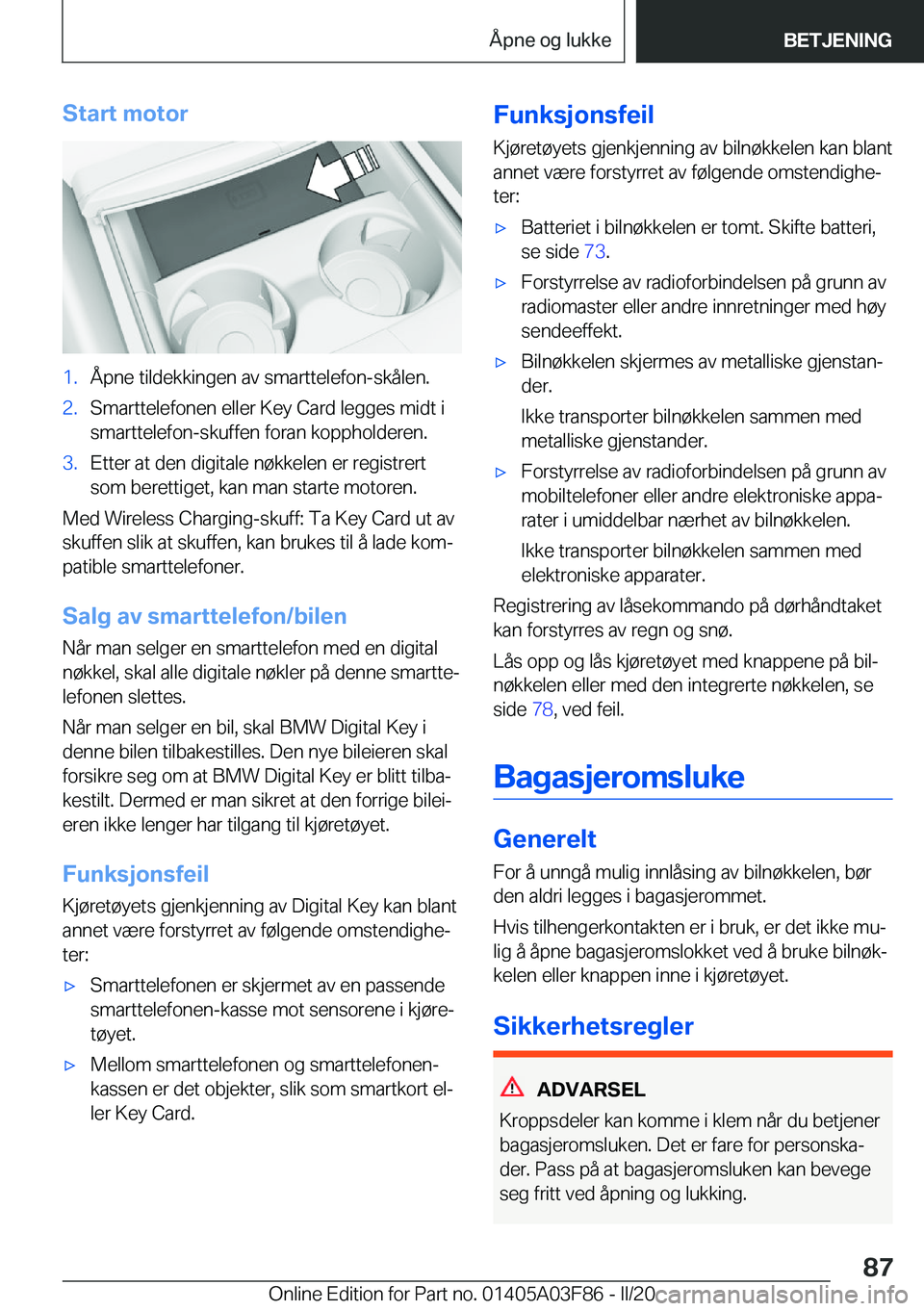 BMW 3 SERIES 2020  InstruksjonsbØker (in Norwegian) �S�t�a�r�t��m�o�t�o�r�1�.�