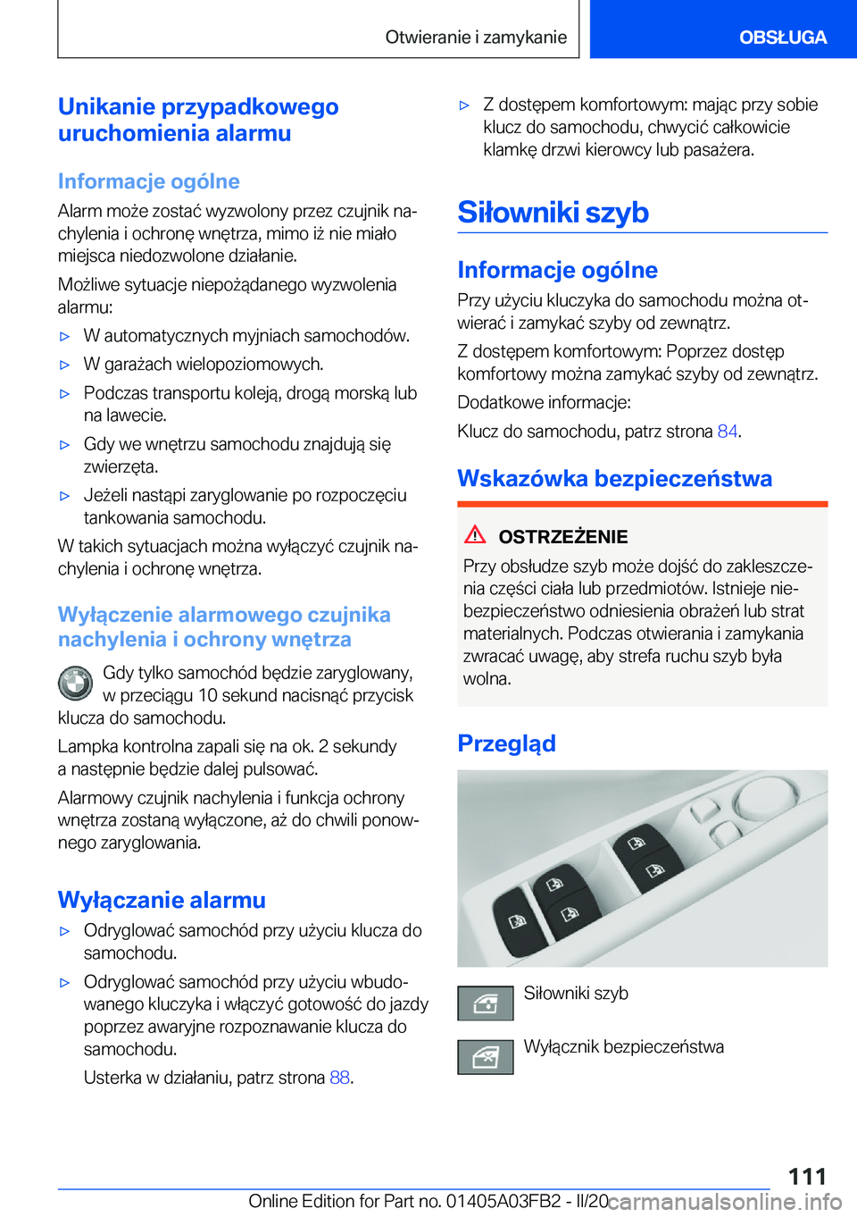 BMW 3 SERIES 2020  Instrukcja obsługi (in Polish) �U�n�i�k�a�n�i�e��p�r�z�y�p�a�d�k�o�w�e�g�o
�u�r�u�c�h�o�m�i�e�n�i�a��a�l�a�r�m�u
�I�n�f�o�r�m�a�c�j�e��o�g�