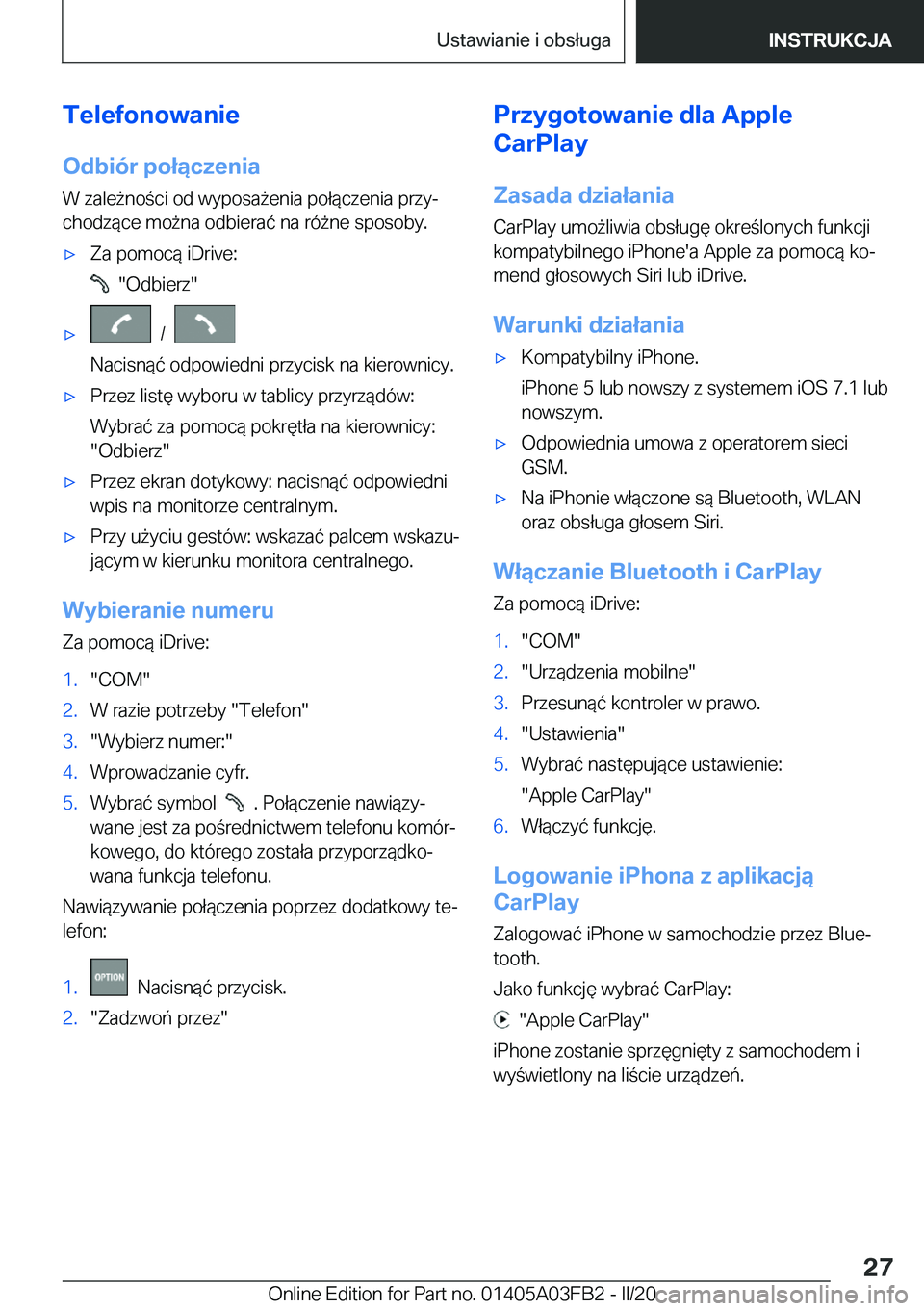 BMW 3 SERIES 2020  Instrukcja obsługi (in Polish) �T�e�l�e�f�o�n�o�w�a�n�i�e�O�d�b�i�