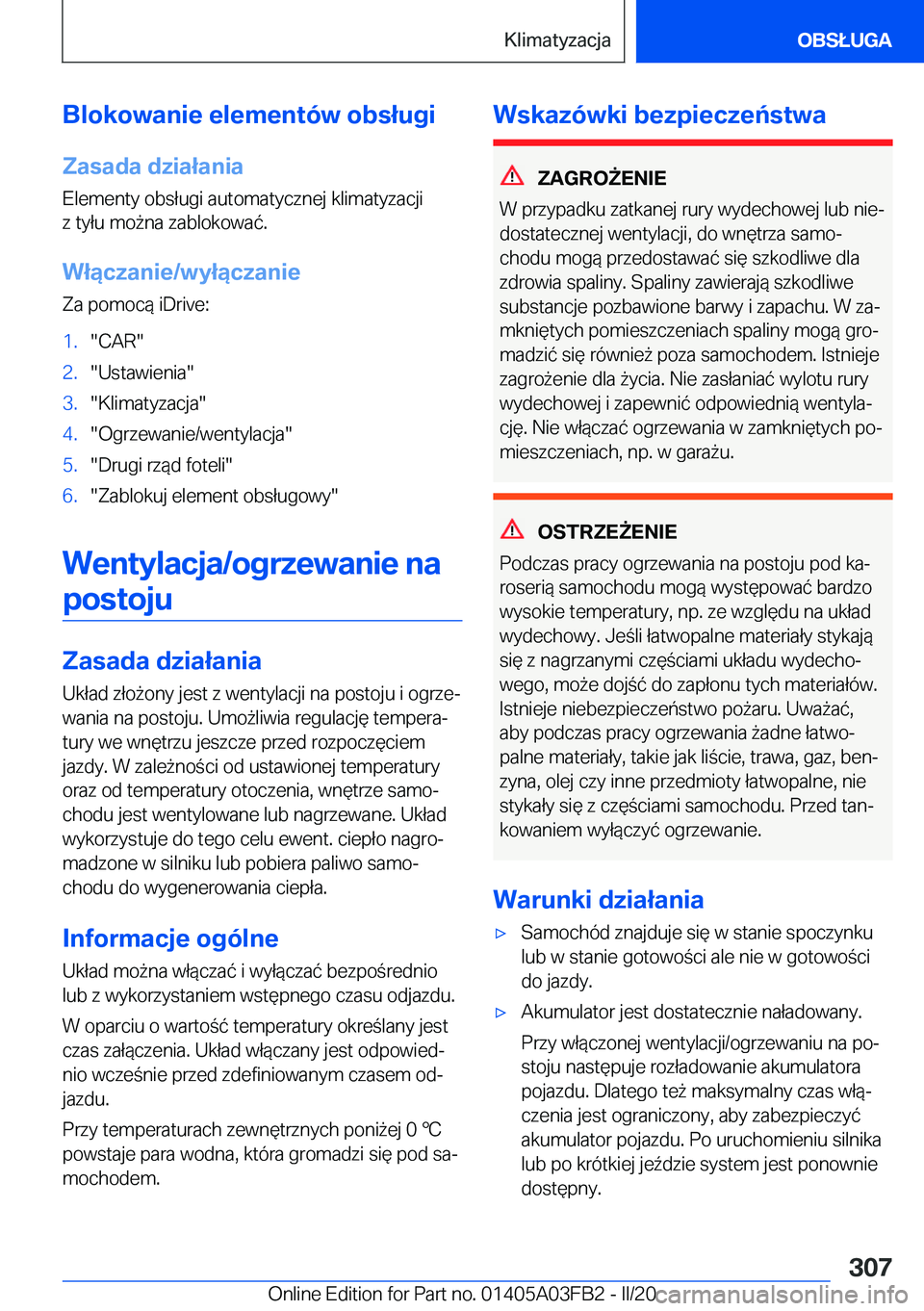 BMW 3 SERIES 2020  Instrukcja obsługi (in Polish) �B�l�o�k�o�w�a�n�i�e��e�l�e�m�e�n�t�