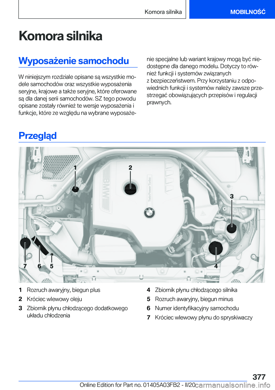 BMW 3 SERIES 2020  Instrukcja obsługi (in Polish) �K�o�m�o�r�a��s�i�l�n�i�k�a�W�y�p�o�s�a9�e�n�i�e��s�a�m�o�c�h�o�d�u
�W��n�i�n�i�e�j�s�z�y�m��r�o�z�d�z�i�a�l�e��o�p�i�s�a�n�e��s�