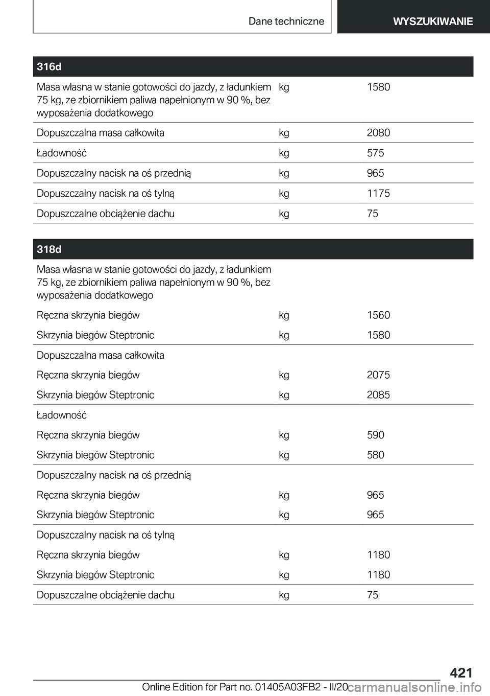 BMW 3 SERIES 2020  Instrukcja obsługi (in Polish) �3�1�6�d�M�a�s�a��w�ł�a�s�n�a��w��s�t�a�n�i�e��g�o�t�o�w�o�c�i��d�o��j�a�z�d�y�,��z��ł�a�d�u�n�k�i�e�m
�7�5��k�g�,��z�e��z�b�i�o�r�n�i�k�i�e�m��p�a�l�i�w�a��n�a�p�e�ł�n�i�o�n�y�m��w