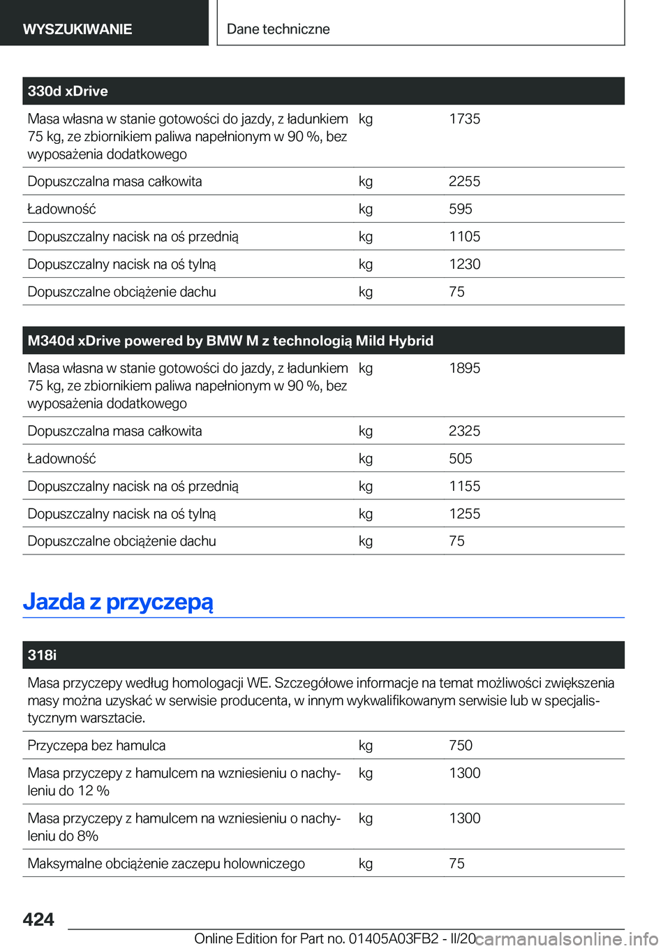 BMW 3 SERIES 2020  Instrukcja obsługi (in Polish) �3�3�0�d��x�D�r�i�v�e�M�a�s�a��w�ł�a�s�n�a��w��s�t�a�n�i�e��g�o�t�o�w�o�c�i��d�o��j�a�z�d�y�,��z��ł�a�d�u�n�k�i�e�m
�7�5��k�g�,��z�e��z�b�i�o�r�n�i�k�i�e�m��p�a�l�i�w�a��n�a�p�e�ł�n