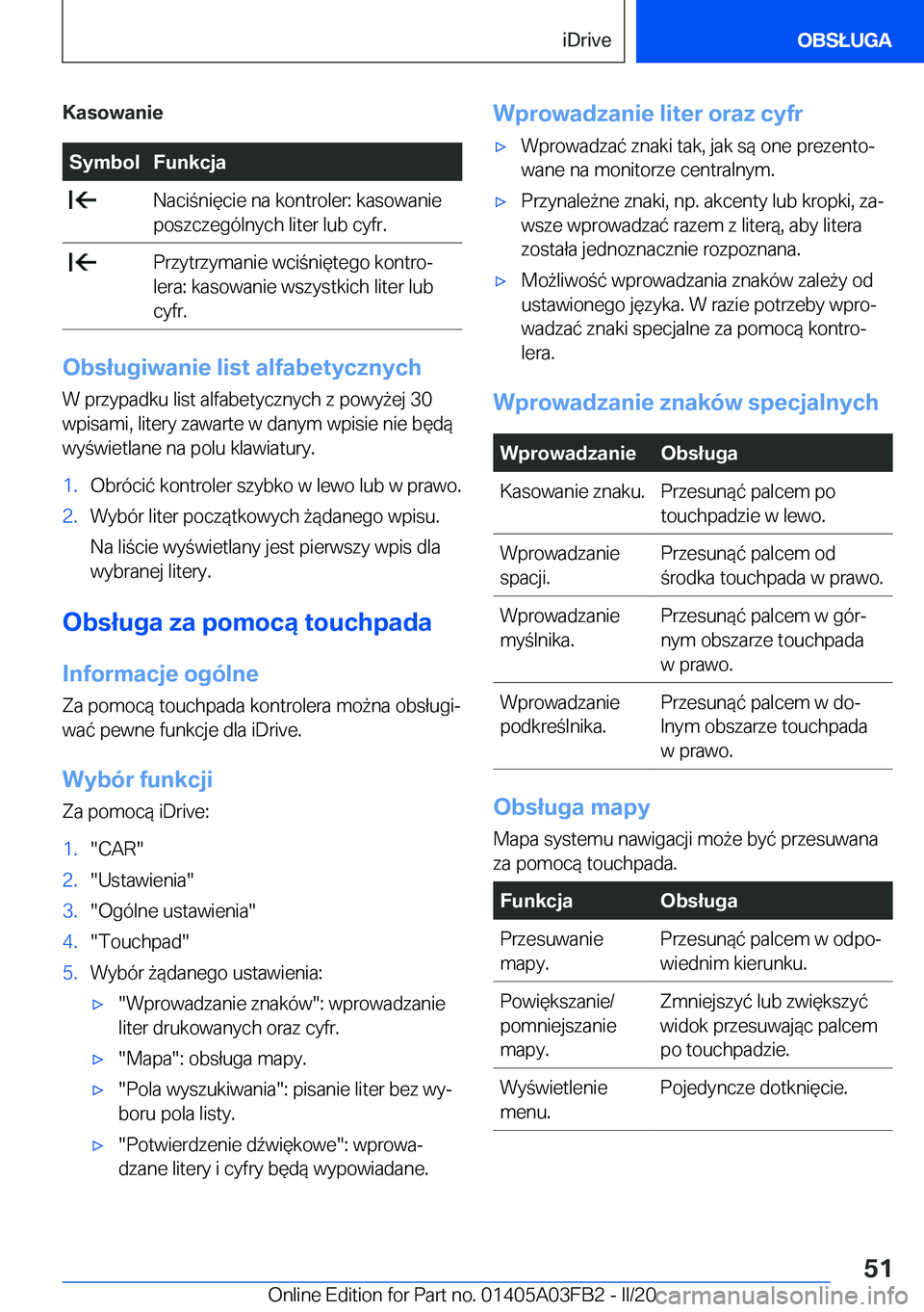 BMW 3 SERIES 2020  Instrukcja obsługi (in Polish) �K�a�s�o�w�a�n�i�e�S�y�m�b�o�l�F�u�n�k�c�j�a��N�a�c�i�n�i�