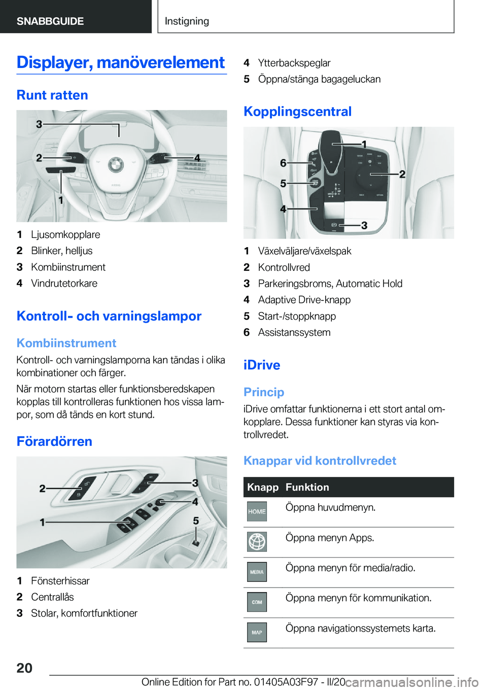 BMW 3 SERIES 2020  InstruktionsbÖcker (in Swedish) �D�i�s�p�l�a�y�e�r�,��m�a�n�