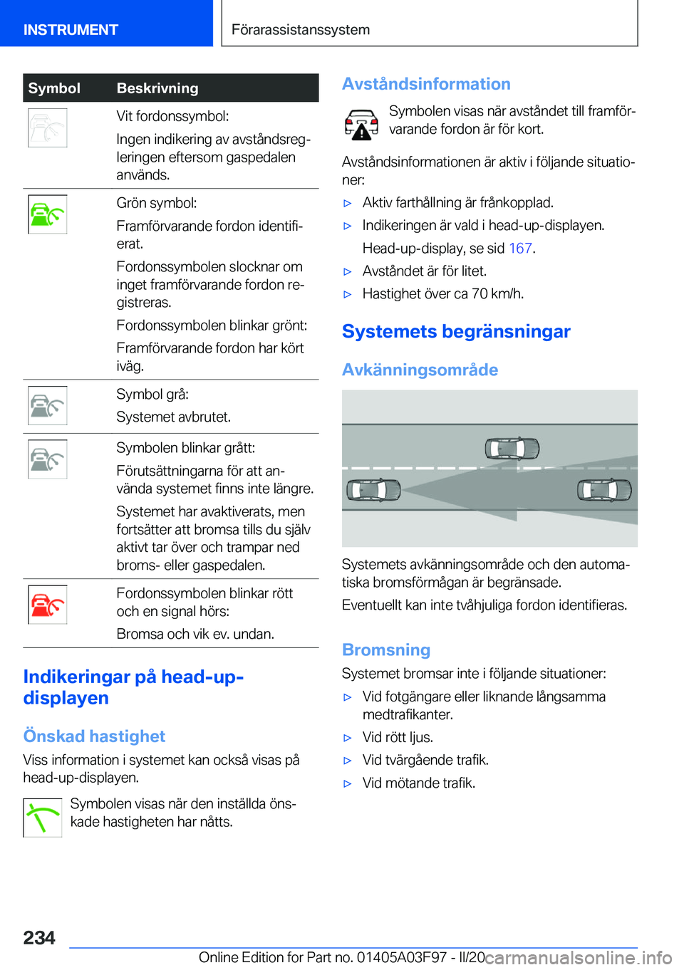 BMW 3 SERIES 2020  InstruktionsbÖcker (in Swedish) �S�y�m�b�o�l�B�e�s�k�r�i�v�n�i�n�g�V�i�t��f�o�r�d�o�n�s�s�y�m�b�o�l�:
�I�n�g�e�n��i�n�d�i�k�e�r�i�n�g��a�v��a�v�s�t�å�n�d�s�r�e�gj �l�e�r�i�n�g�e�n��e�f�t�e�r�s�o�m��g�a�s�p�e�d�a�l�e�n
�a�n�v