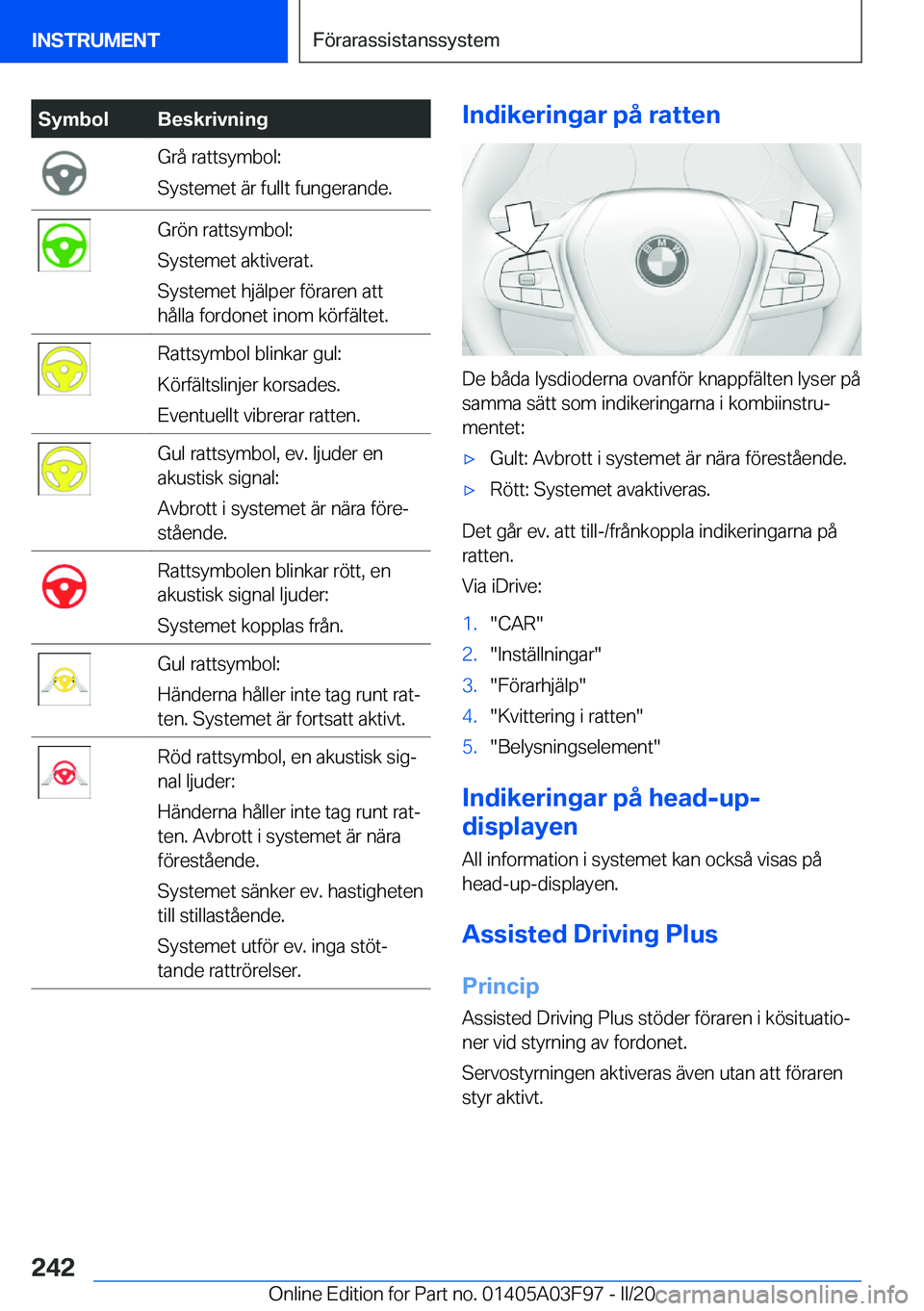 BMW 3 SERIES 2020  InstruktionsbÖcker (in Swedish) �S�y�m�b�o�l�B�e�s�k�r�i�v�n�i�n�g�G�r�å��r�a�t�t�s�y�m�b�o�l�:
�S�y�s�t�e�m�e�t��ä�r��f�u�l�l�t��f�u�n�g�e�r�a�n�d�e�.�G�r�
