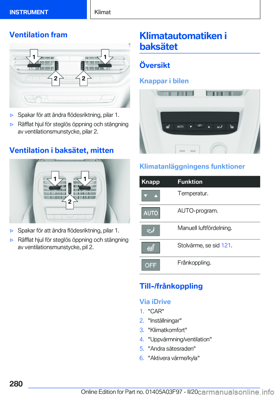 BMW 3 SERIES 2020  InstruktionsbÖcker (in Swedish) �V�e�n�t�i�l�a�t�i�o�n��f�r�a�m'x�S�p�a�k�a�r��f�