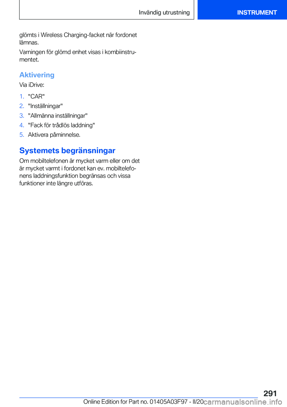 BMW 3 SERIES 2020  InstruktionsbÖcker (in Swedish) �g�l�