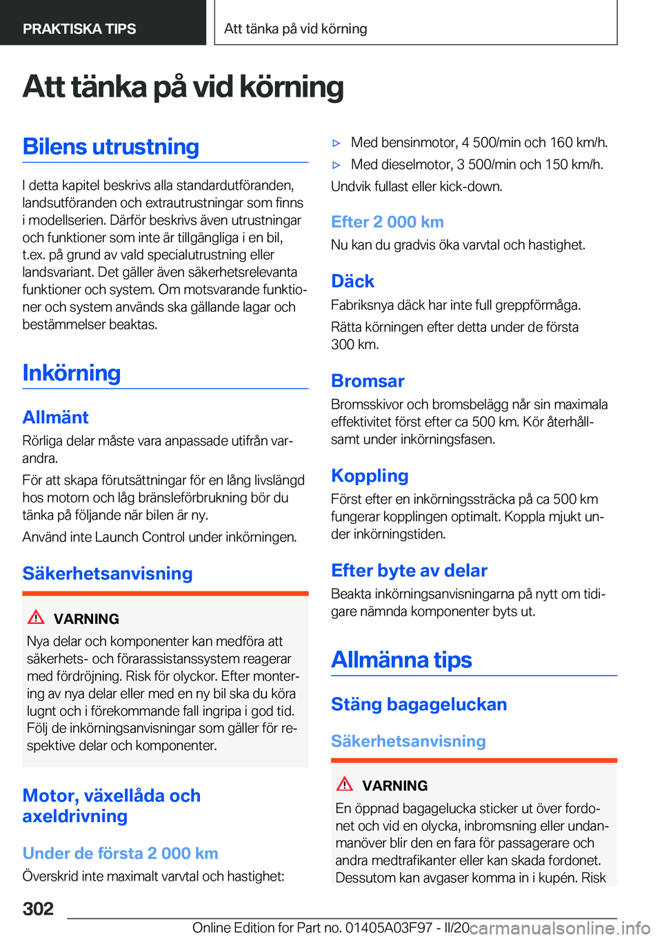 BMW 3 SERIES 2020  InstruktionsbÖcker (in Swedish) �A�t�t��t�ä�n�k�a��p�å��v�i�d��k�