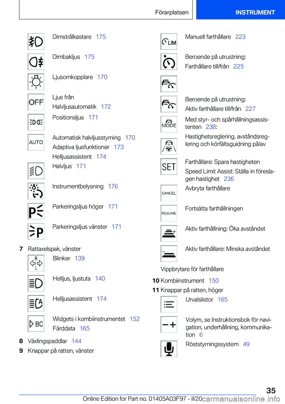 BMW 3 SERIES 2020  InstruktionsbÖcker (in Swedish) �D�i�m�s�t�r�å�l�k�a�s�t�a�r�e\_�1�7�5�D�i�m�b�a�k�l�j�u�s\_�1�7�5�L�j�u�s�o�m�k�o�p�p�l�a�r�e\_ �1�7�0�L�j�u�s��f�r�å�n
�H�a�l�v�l�j�u�s�a�u�t�o�m�a�t�i�k\_ �1�7�2�P�o�s�i�t�i�o�n�s�l�j�u�