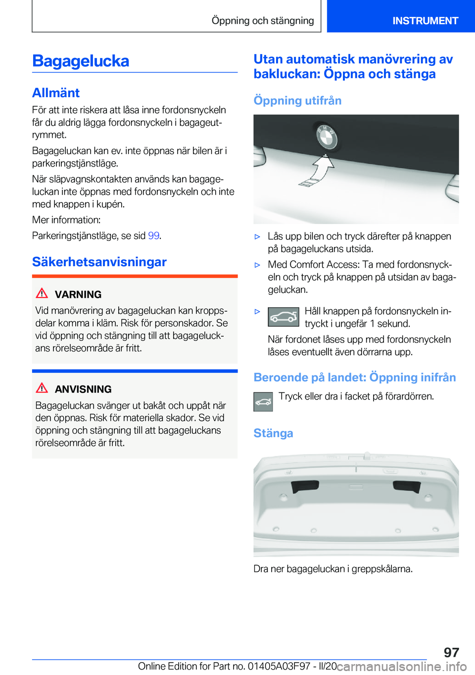 BMW 3 SERIES 2020  InstruktionsbÖcker (in Swedish) �B�a�g�a�g�e�l�u�c�k�a
�A�l�l�m�ä�n�t
�F�