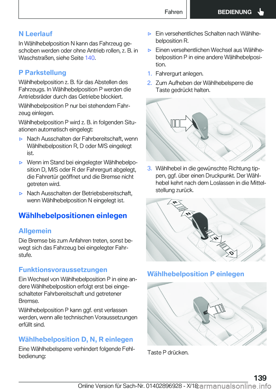 BMW 3 SERIES 2019  Betriebsanleitungen (in German) �N��L�e�e�r�l�a�u�f�I�n��W�