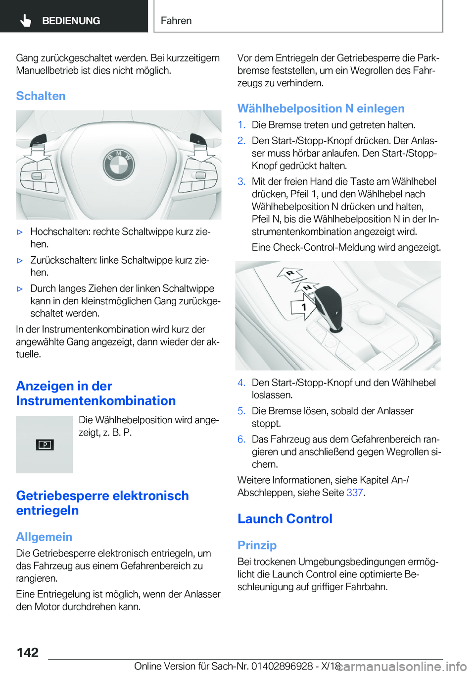 BMW 3 SERIES 2019  Betriebsanleitungen (in German) �G�a�n�g��z�u�r�