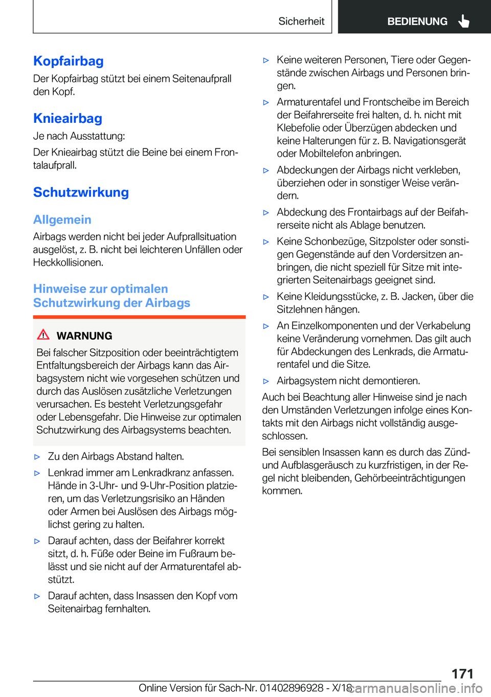 BMW 3 SERIES 2019  Betriebsanleitungen (in German) �K�o�p�f�a�i�r�b�a�g�D�e�r��K�o�p�f�a�i�r�b�a�g��s�t�