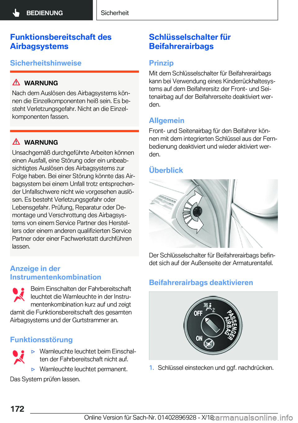 BMW 3 SERIES 2019  Betriebsanleitungen (in German) �F�u�n�k�t�i�o�n�s�b�e�r�e�i�t�s�c�h�a�f�t��d�e�s
�A�i�r�b�a�g�s�y�s�t�e�m�s
�S�i�c�h�e�r�h�e�i�t�s�h�i�n�w�e�i�s�e
�W�A�R�N�U�N�G
�N�a�c�h��d�e�m��A�u�s�l�