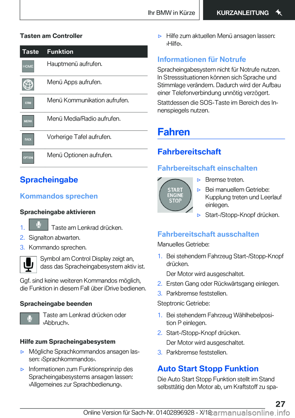 BMW 3 SERIES 2019  Betriebsanleitungen (in German) �T�a�s�t�e�n��a�m��C�o�n�t�r�o�l�l�e�r�T�a�s�t�e�F�u�n�k�t�i�o�n�H�a�u�p�t�m�e�n�