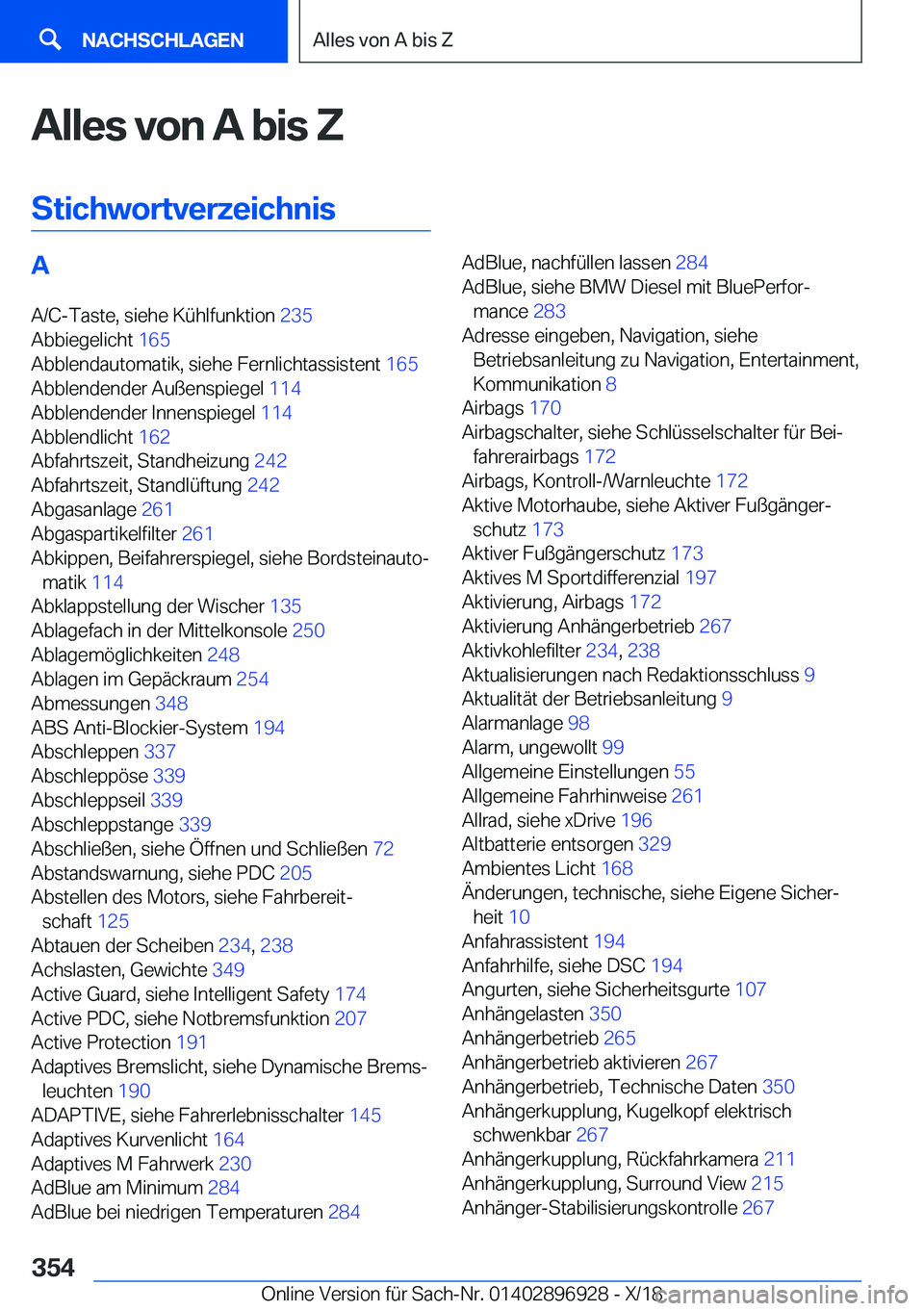 BMW 3 SERIES 2019  Betriebsanleitungen (in German) �A�l�l�e�s��v�o�n��A��b�i�s��Z
�S�t�i�c�h�w�o�r�t�v�e�r�z�e�i�c�h�n�i�s�A �A�/�C�-�T�a�s�t�e�,��s�i�e�h�e��K�