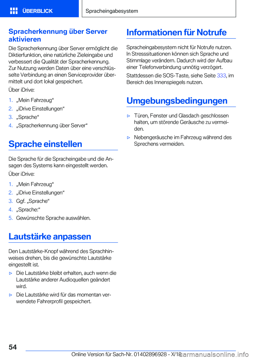 BMW 3 SERIES 2019  Betriebsanleitungen (in German) �S�p�r�a�c�h�e�r�k�e�n�n�u�n�g��