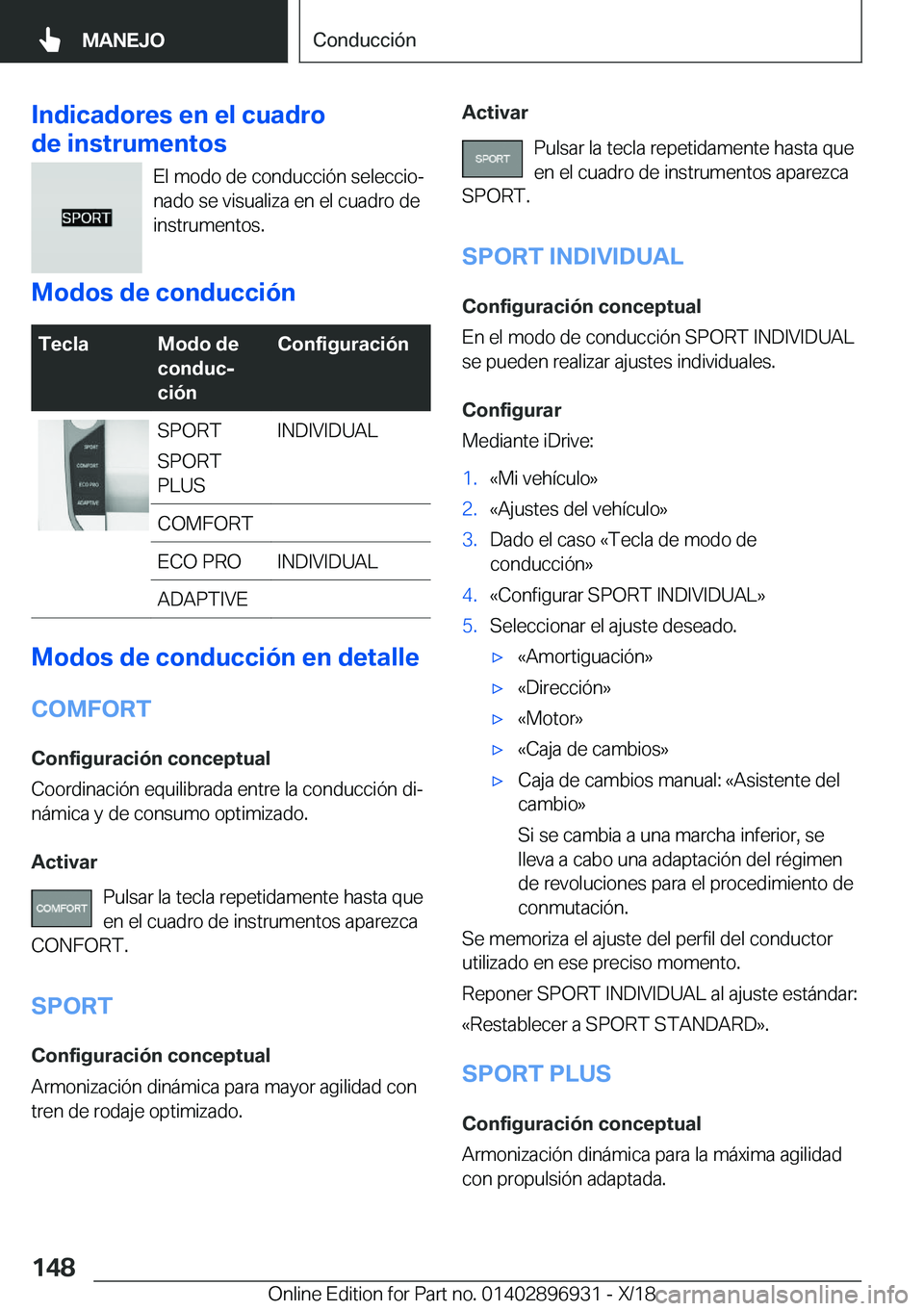 BMW 3 SERIES 2019  Manuales de Empleo (in Spanish) �I�n�d�i�c�a�d�o�r�e�s��e�n��e�l��c�u�a�d�r�o
�d�e��i�n�s�t�r�u�m�e�n�t�o�s
�E�l��m�o�d�o��d�e��c�o�n�d�u�c�c�i�
