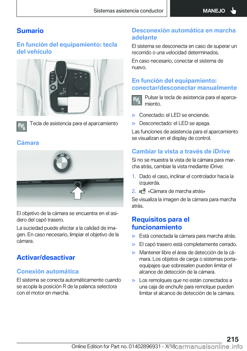 BMW 3 SERIES 2019  Manuales de Empleo (in Spanish) �S�u�m�a�r�i�o�E�n��f�u�n�c�i�