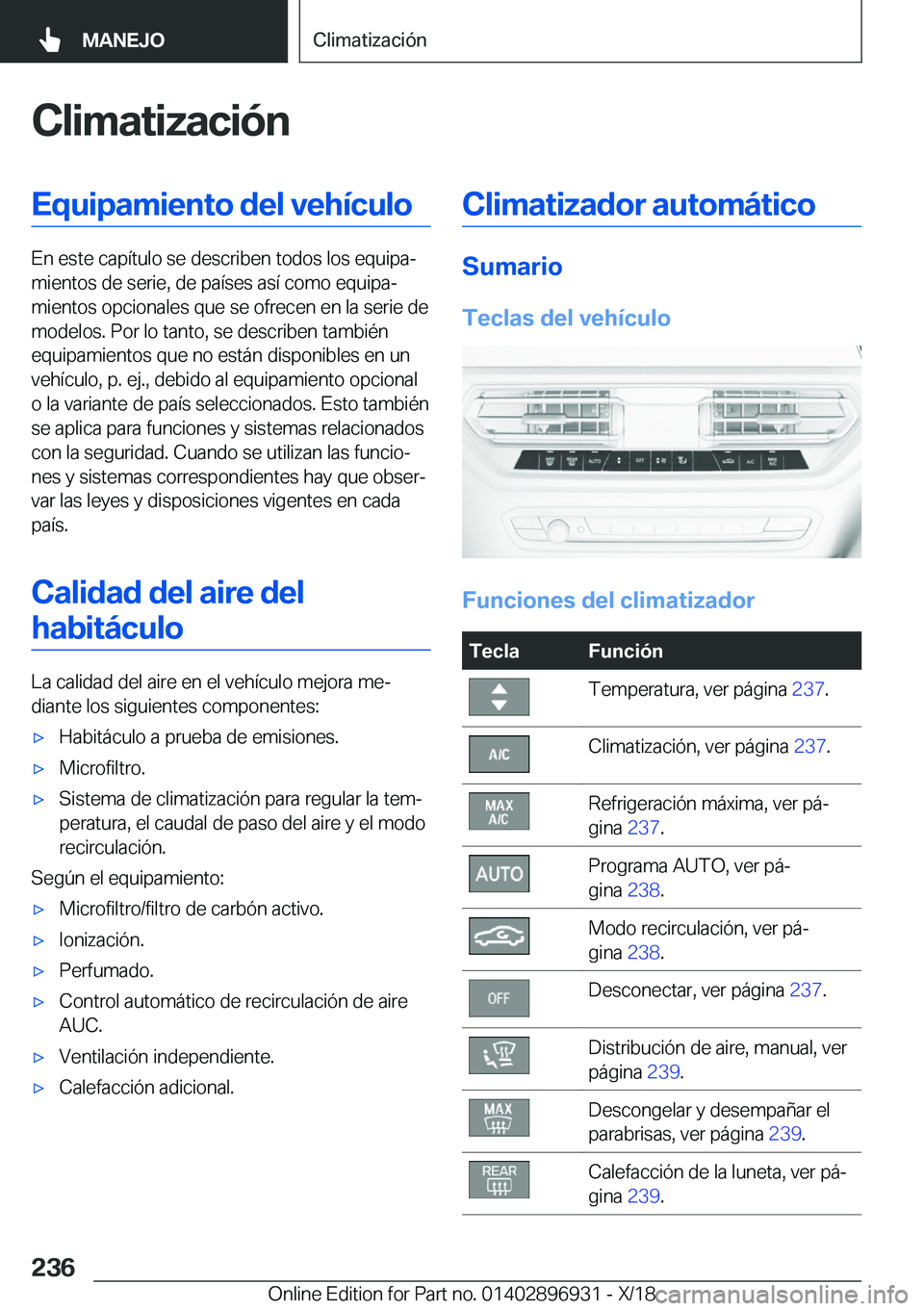 BMW 3 SERIES 2019  Manuales de Empleo (in Spanish) �C�l�i�m�a�t�i�z�a�c�i�