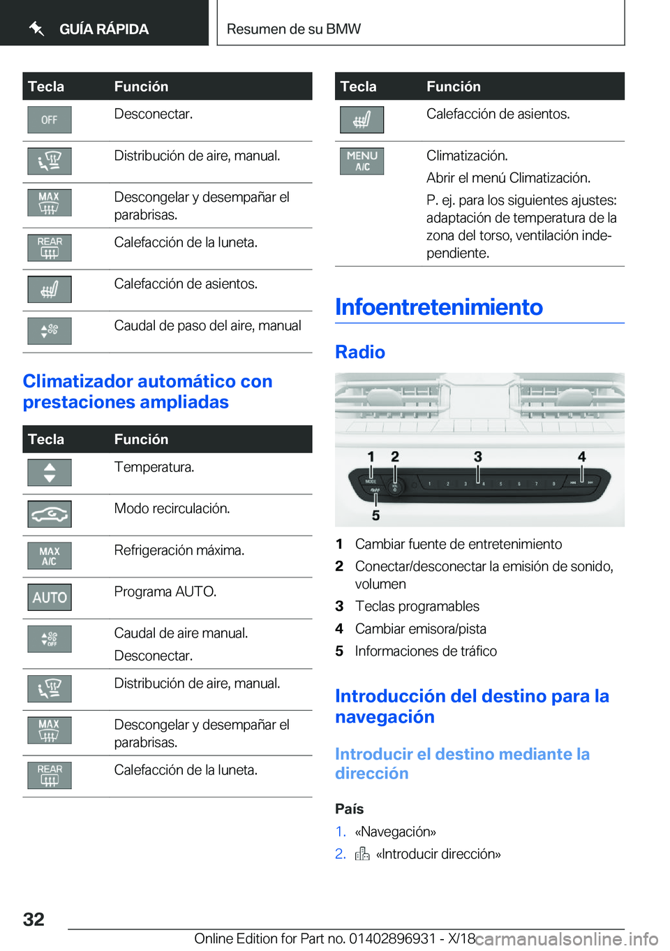 BMW 3 SERIES 2019  Manuales de Empleo (in Spanish) �T�e�c�l�a�F�u�n�c�i�