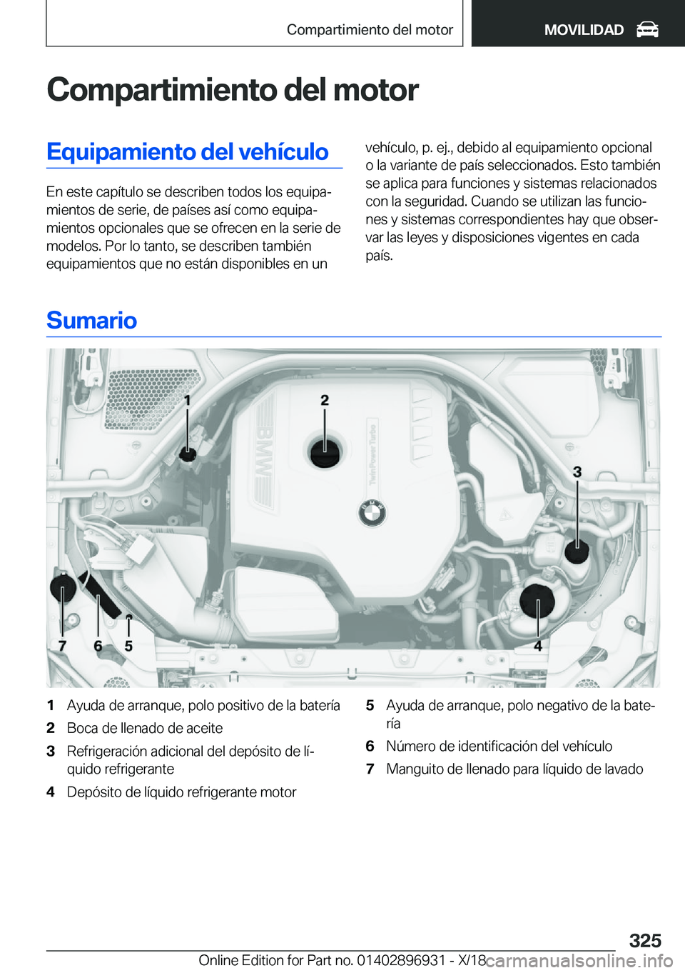 BMW 3 SERIES 2019  Manuales de Empleo (in Spanish) �C�o�m�p�a�r�t�i�m�i�e�n�t�o��d�e�l��m�o�t�o�r�E�q�u�i�p�a�m�i�e�n�t�o��d�e�l��v�e�h�
