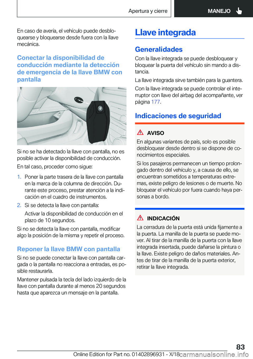 BMW 3 SERIES 2019  Manuales de Empleo (in Spanish) �E�n��c�a�s�o��d�e��a�v�e�r�