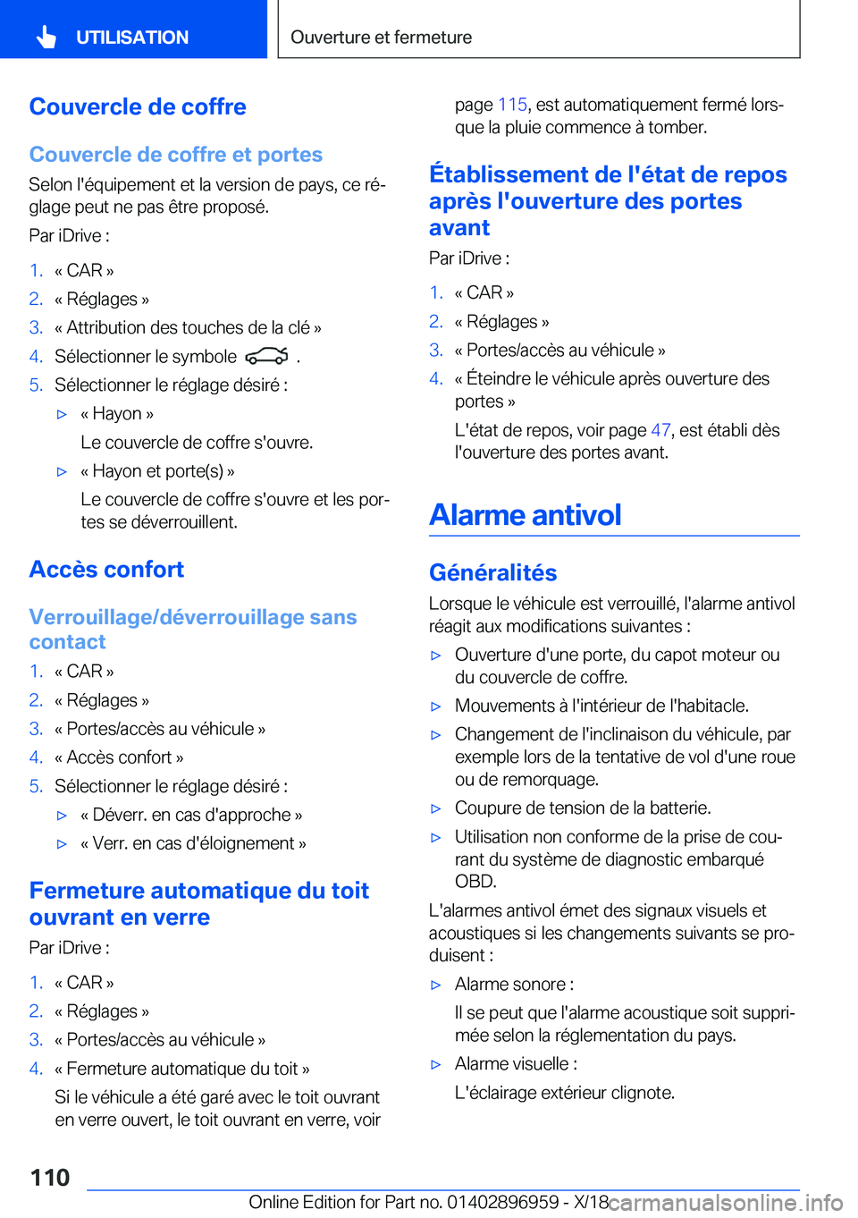 BMW 3 SERIES 2019  Notices Demploi (in French) �C�o�u�v�e�r�c�l�e��d�e��c�o�f�f�r�e
�C�o�u�v�e�r�c�l�e��d�e��c�o�f�f�r�e��e�t��p�o�r�t�e�s �S�e�l�o�n��l�'�é�q�u�i�p�e�m�e�n�t��e�t��l�a��v�e�r�s�i�o�n��d�e��p�a�y�s�,��c�e��r�éj