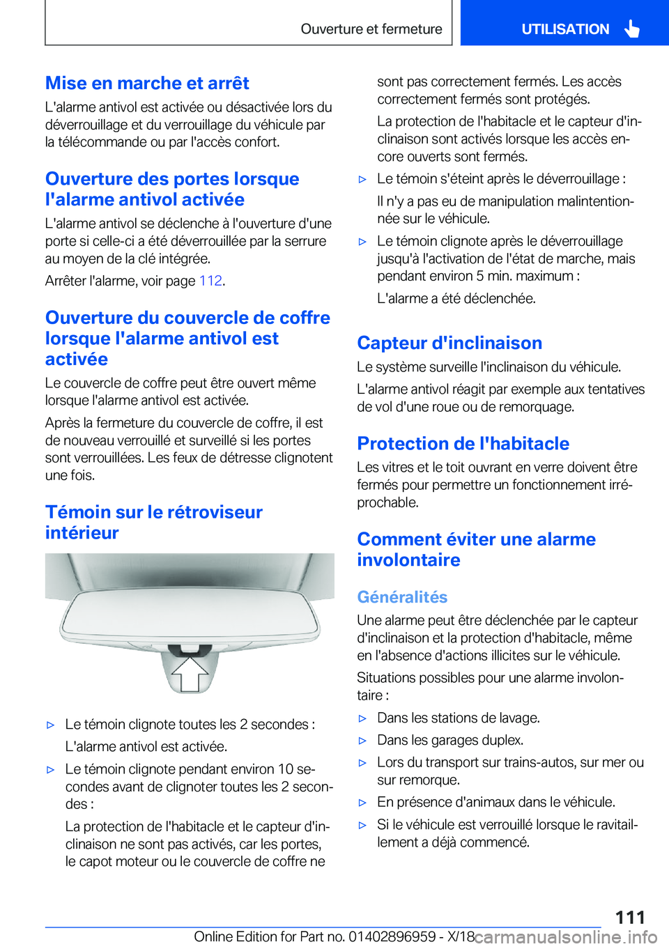 BMW 3 SERIES 2019  Notices Demploi (in French) �M�i�s�e��e�n��m�a�r�c�h�e��e�t��a�r�r�ê�t
�L�'�a�l�a�r�m�e��a�n�t�i�v�o�l��e�s�t��a�c�t�i�v�é�e��o�u��d�é�s�a�c�t�i�v�é�e��l�o�r�s��d�u �d�é�v�e�r�r�o�u�i�l�l�a�g�e��e�t��d�u��