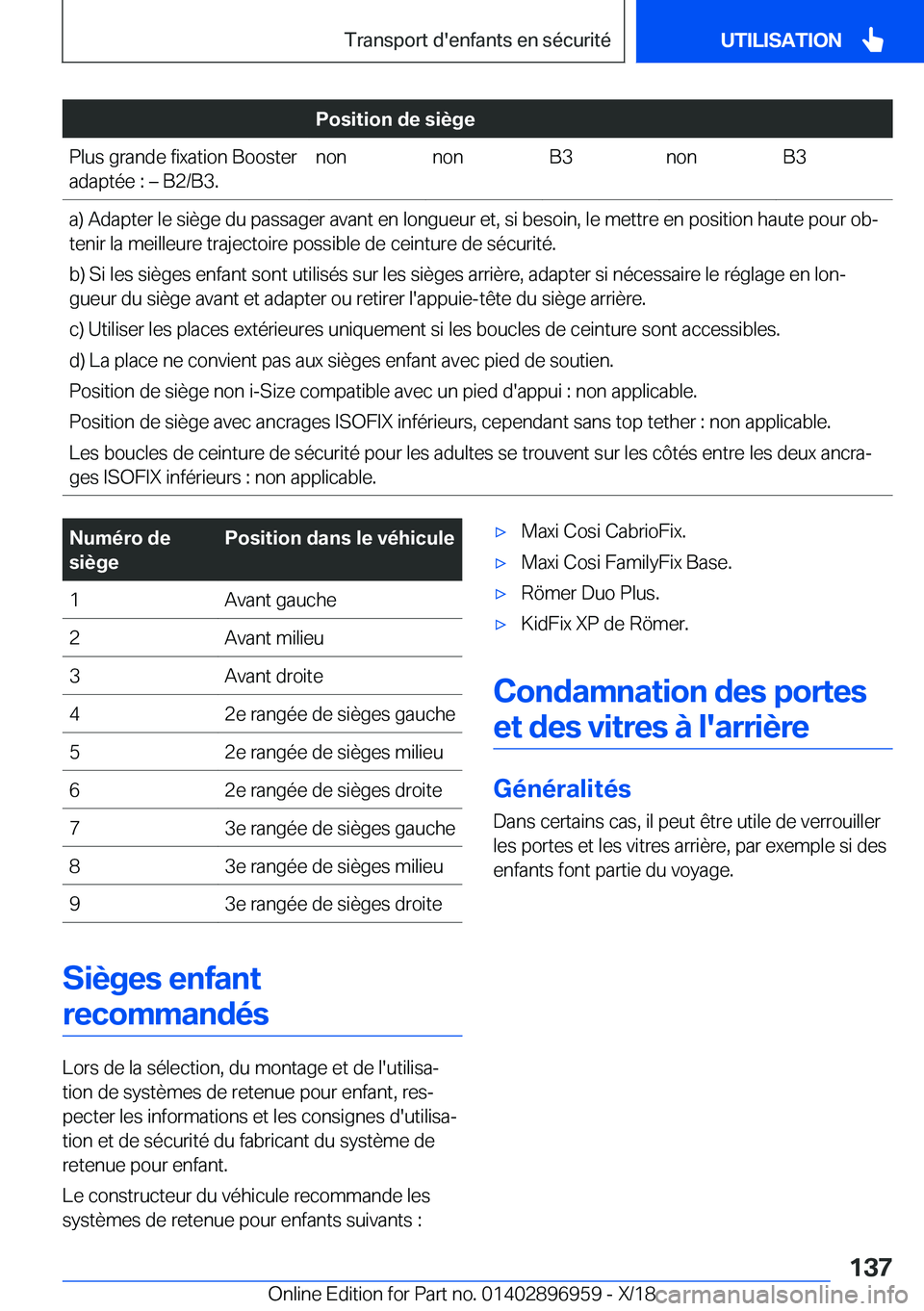 BMW 3 SERIES 2019  Notices Demploi (in French) �P�o�s�i�t�i�o�n��d�e��s�i�è�g�e�P�l�u�s��g�r�a�n�d�e��f�i�x�a�t�i�o�n��B�o�o�s�t�e�r
�a�d�a�p�t�é�e��:�m��B�2�/�B�3�.�n�o�n�n�o�n�B�3�n�o�n�B�3�a�)��A�d�a�p�t�e�r��l�e��s�i�è�g�e��d�u