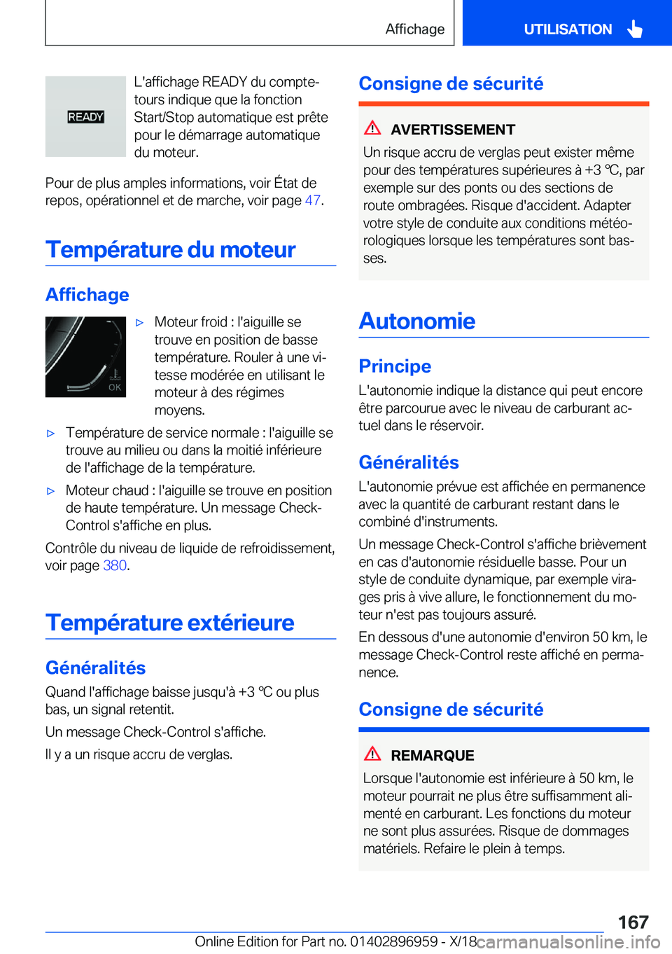 BMW 3 SERIES 2019  Notices Demploi (in French) �L�'�a�f�f�i�c�h�a�g�e��R�E�A�D�Y��d�u��c�o�m�p�t�e�-
�t�o�u�r�s��i�n�d�i�q�u�e��q�u�e��l�a��f�o�n�c�t�i�o�n
�S�t�a�r�t�/�S�t�o�p��a�u�t�o�m�a�t�i�q�u�e��e�s�t��p�r�ê�t�e
�p�o�u�r��l�e