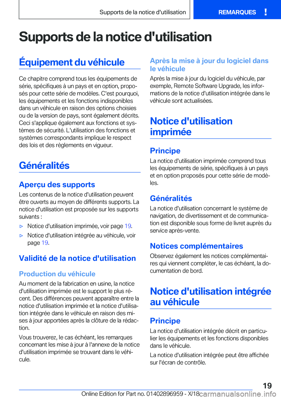 BMW 3 SERIES 2019  Notices Demploi (in French) �S�u�p�p�o�r�t�s��d�e��l�a��n�o�t�i�c�e��d�'�u�t�i�l�i�s�a�t�i�o�n�