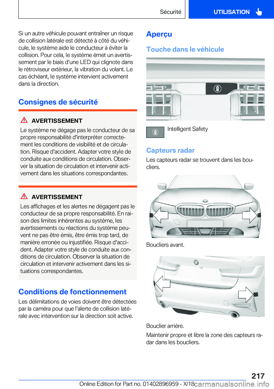 BMW 3 SERIES 2019  Notices Demploi (in French) �S�i��u�n��a�u�t�r�e��v�é�h�i�c�u�l�e��p�o�u�v�a�n�t��e�n�t�r�a�