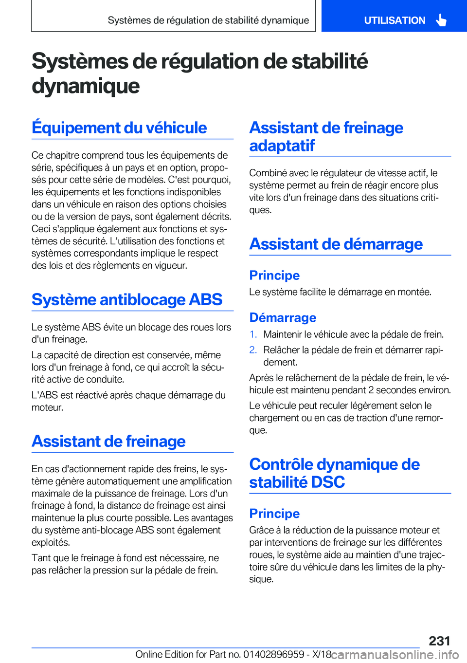 BMW 3 SERIES 2019  Notices Demploi (in French) �S�y�s�t�è�m�e�s��d�e��r�é�g�u�l�a�t�i�o�n��d�e��s�t�a�b�i�l�i�t�é�d�y�n�a�m�i�q�u�e�
