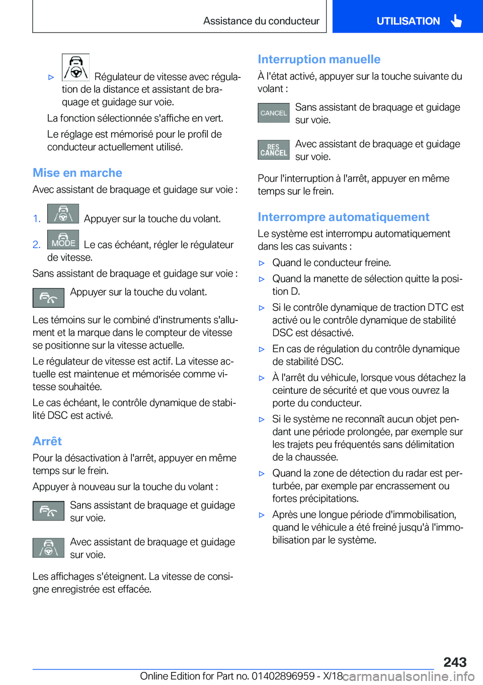 BMW 3 SERIES 2019  Notices Demploi (in French) 'x
���R�é�g�u�l�a�t�e�u�r��d�e��v�i�t�e�s�s�e��a�v�e�c��r�é�g�u�l�aj
�t�i�o�n��d�e��l�a��d�i�s�t�a�n�c�e��e�t��a�s�s�i�s�t�a�n�t��d�e��b�r�aj
�q�u�a�g�e��e�t��g�u�i�d�a�g�e��s�