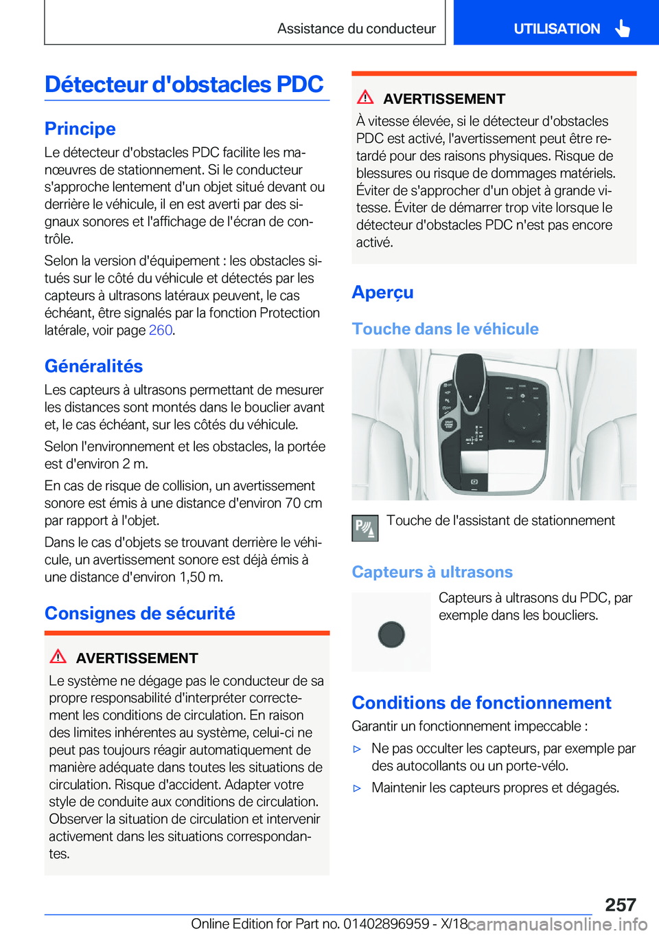 BMW 3 SERIES 2019  Notices Demploi (in French) �D�é�t�e�c�t�e�u�r��d�'�o�b�s�t�a�c�l�e�s��P�D�C
�P�r�i�n�c�i�p�e
�L�e��d�é�t�e�c�t�e�u�r��d�'�o�b�s�t�a�c�l�e�s��P�D�C��f�a�c�i�l�i�t�e��l�e�s��m�aj
�n�